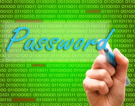Marker hand writing protect password cyber crime caution binary text Stock Illustration