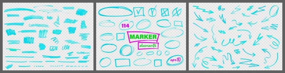 Marker highlight elements set design. Doodle scribble circles, arrows, Stock Illustration