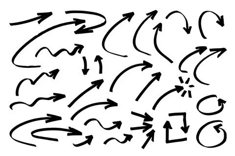 Marker marks of various shapes of arrows. Arrow shapes with loose strokes, .. Stock Illustration