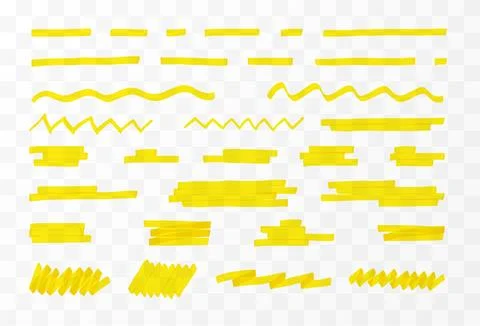 Marker pen lines yellow vector set, brush pen hand drawn underline strokes Stock Illustration