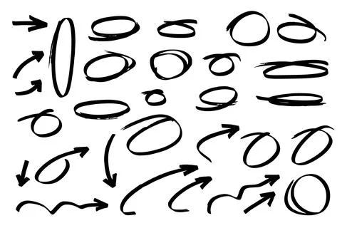 Marker pen marks of various shapes. Round calligraphic shapes, arrow shapes.. Stock Illustration