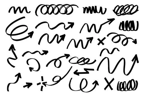 Marker pen marks of various shapes. Arrow shapes with loose strokes, design.. Stock Illustration