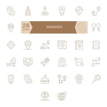 Marker Visual Pack containing 32 Thin Line Pixel Optimized Vector Icons Stock Illustration