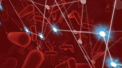 Markers emerging and sparking tilted grid growth, red rods drifting and nodes Stock Footage 334788638