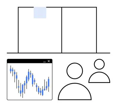 Market analysis graph window, two team members icons, bar charts on a partiti 스톡 일러스트