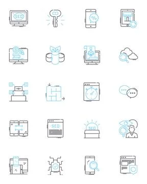 Market analysis linear icons set. Demographics, Competition, Trends Stock Illustration