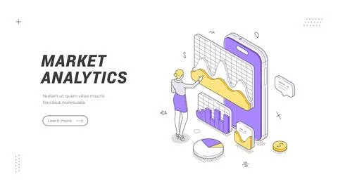 Market Analytics And Data Research Isometric Vector Banner Illustration Tem.. Stock Illustration