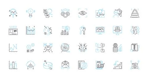 Market analytics linear icons set. Trends, Forecasting, Analysis, Insights, Data Stock Illustration