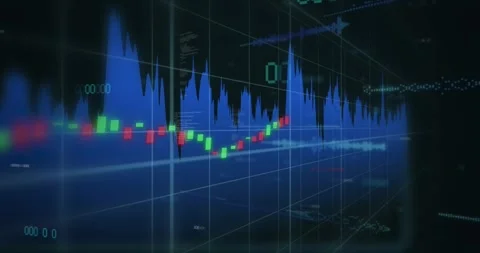 Market chart getting data feed blue area rising spiking green red candles Stock Footage 328265492
