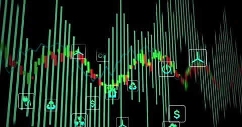 Market chart starting on data tick, cyan bars swaying, candles falling, icons Stock Footage 328246058