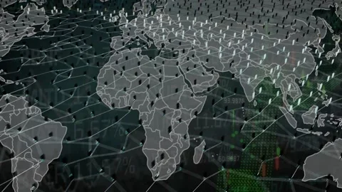 Market data brightening, world map expanding as nodes linking, icons moving, Stock Footage 340654511