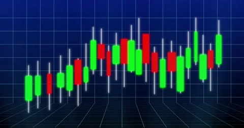 Market data updating, candlesticks changing height, green red bodies across blue Stock Footage 331832992