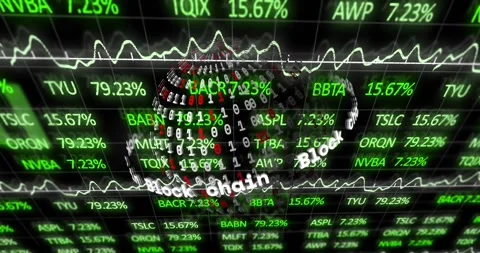 Market data updating, rotating binary sphere with Block chain tickers moving Vídeos de archivo 331125582