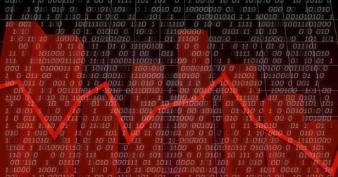 Market decline indicated by binary code overlaying red financial graph on screen Stock-Fotos