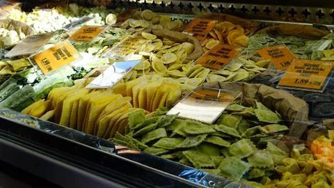 Market display of different kinds of homemade  pasta Stock Photos