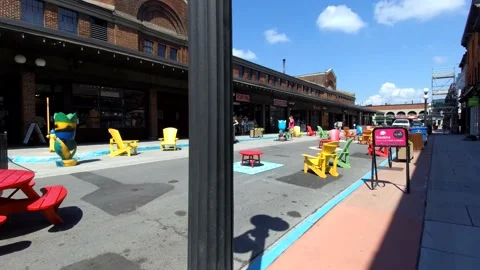 Market empty chairs tracking shot 4K Stock Footage 135166093