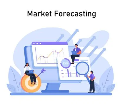 Market Forecasting in focus. Professionals study market trends on a giant screen Stock Illustration