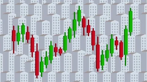 Market graph on building vector background. Real estate index. Rising price. Ilustración de archivo