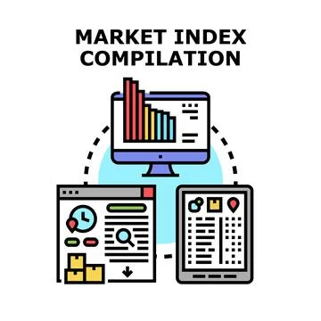 Market index data compilation across digital devices Stock Illustration