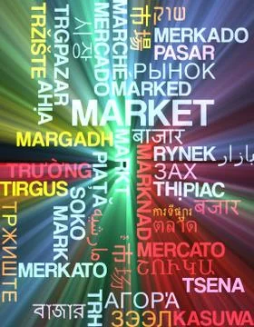 Market multilanguage wordcloud background concept glowing Stock Illustration