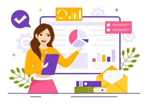 Market Research and Analysis Vector Illustration with Team Management and A.. Stock Illustration