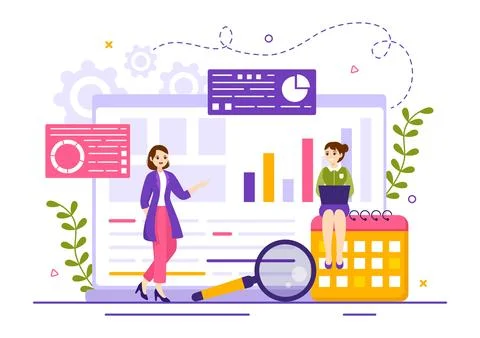 Market Research and Analysis Vector Illustration with Team Management and A.. Stock Illustration