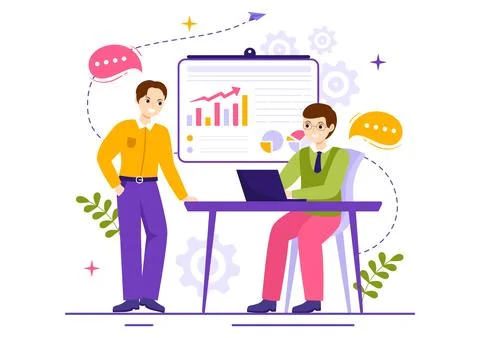 Market Research and Analysis Vector Illustration with Team Management and A.. Stock Illustration