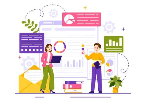 Market Research and Analysis Vector Illustration with Team Management and A.. Stock Illustration