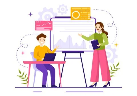 Market Research and Analysis Vector Illustration with Team Management and A.. Stock Illustration