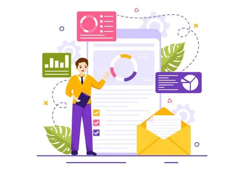 Market Research and Analysis Vector Illustration with Team Management and A.. Stock Illustration