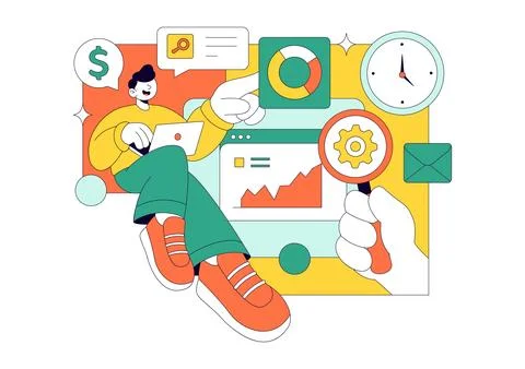 Market Research And Analysis Vector Illustration Featuring Team Management .. Stock Illustration
