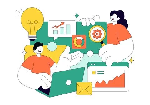 Market Research And Analysis Vector Illustration Featuring Team Management .. 库存插图