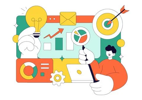 Market Research And Analysis Vector Illustration Featuring Team Management .. 库存插图