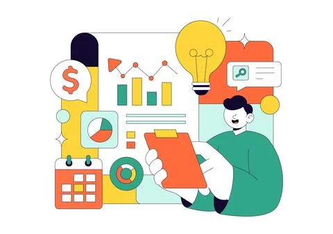 Market Research And Analysis Vector Illustration Featuring Team Management .. 库存插图