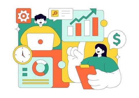 Market Research And Analysis Vector Illustration Featuring Team Management .. 库存插图