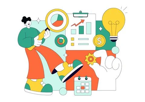 Market Research And Analysis Vector Illustration Featuring Team Management .. 库存插图