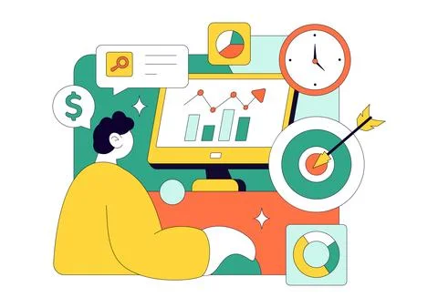 Market Research And Analysis Vector Illustration Featuring Team Management .. 库存插图