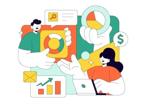 Market Research And Analysis Vector Illustration Featuring Team Management .. 库存插图