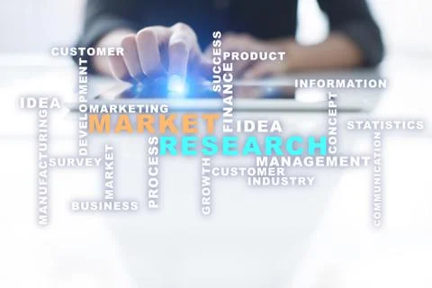 Market research words cloud on the virtual screen. Stock Illustration