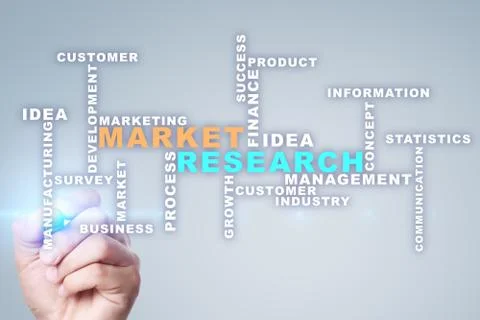 Market research words cloud on the virtual screen. 스톡 일러스트