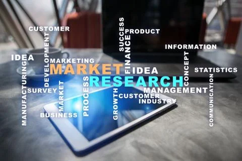Market research words cloud on the virtual screen. Stock Illustration