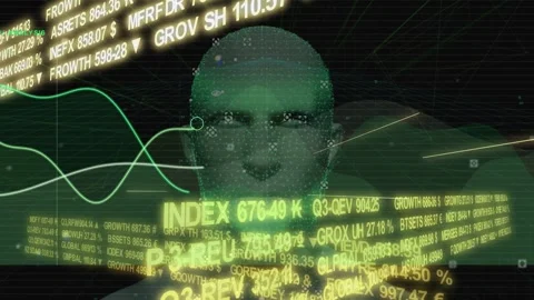 Market ribbons rotating into view, line graphs sweeping across point cloud head, Stock Footage 335761862