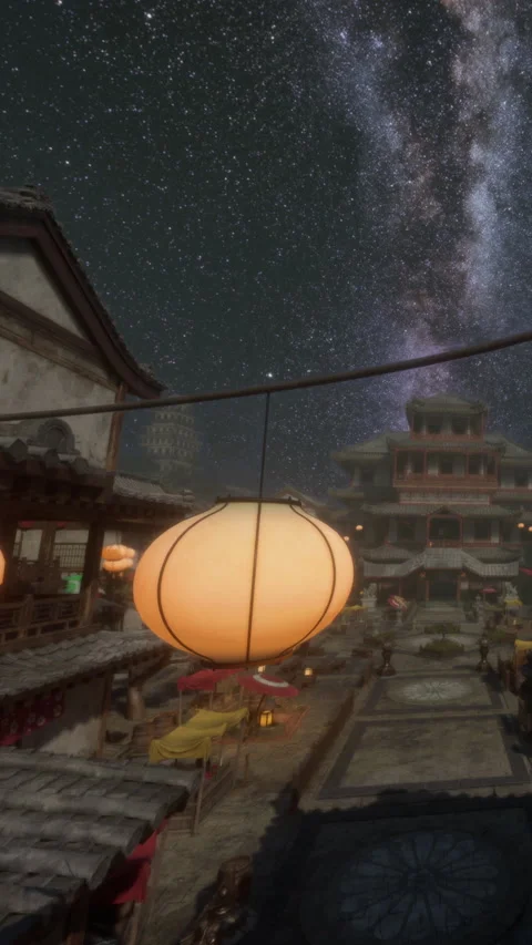 Market scene under a starry sky with lanterns in an old town Stock Footage 340889974