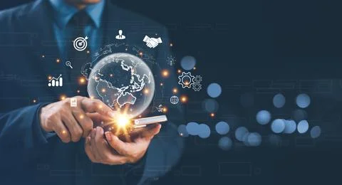 Market solution global network concept. Business man use mobile smartphone. B Stock Photos