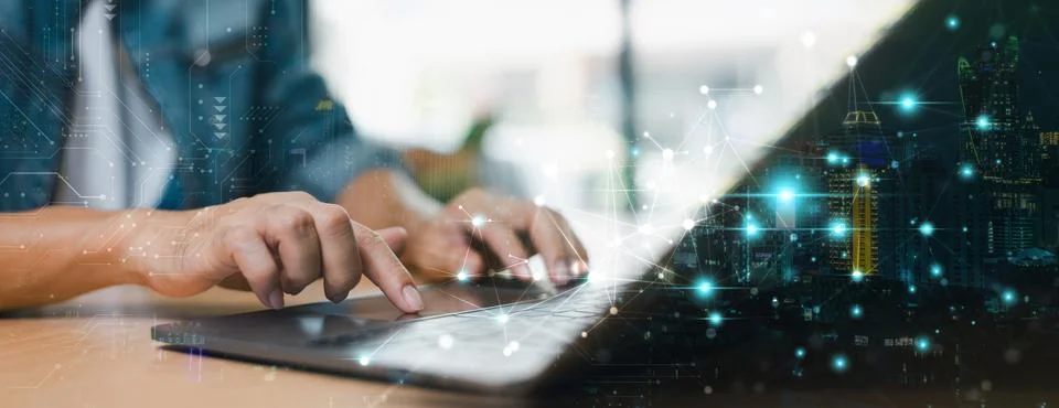 Market solution global network concept background. Businessman use computer l Stock Photos
