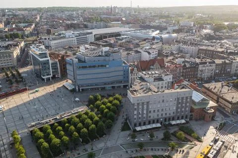 Market Square in Katowice, drone photo with Skarbek Store Stock Photos