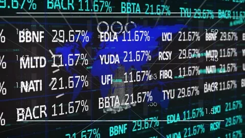 Market tick causing ticker overlay updating and sliding values across pulsing Stock Footage 330004527