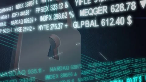 Market tickers starting scrolling 3D padlock sitting left streaks crossing Stock Footage 335732116