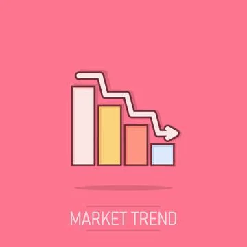 Market trend icon in comic style. Decline arrow with magnifier cartoon vect.. Stock Illustration