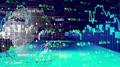 On market update 3D globe rotating, cyan bars pulsing, line spiking, ticks Stockbeeldmateriaal 327958450